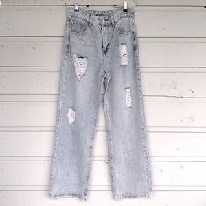 NWT HIGH WAIST WIDE LEG DISTRESSED WINDSOR DENIM JEANS/BLING CHAIN CLASSIC BLUE